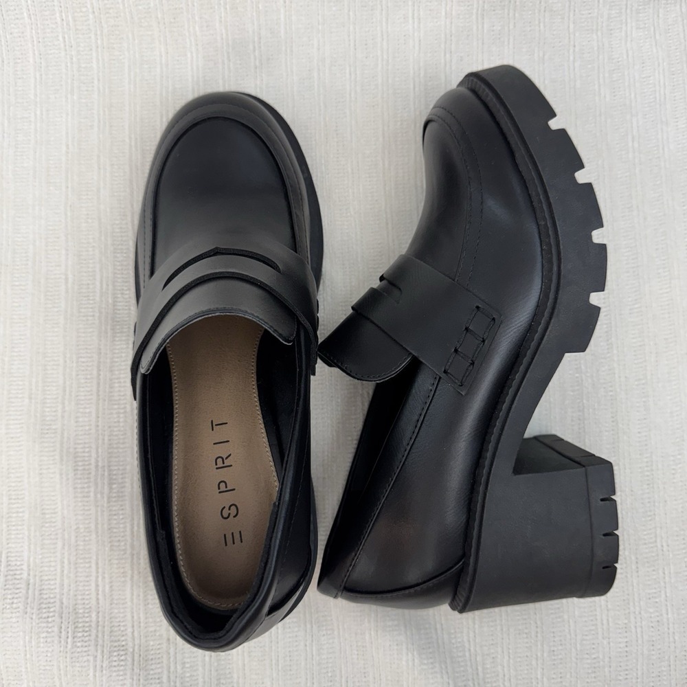 Esprit Platform Loafer Heels Womens 7.5 Black Chunky Lug Sole Slip On - Picture 5 of 9